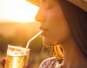 Close-up of lips sipping from a straw in a cold drink, with condensation on the glass and a sunlit background. Fresh and trendy image for beverage, youth lifestyle, or social media ads.