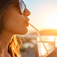Close-up of lips sipping from a straw in a cold drink, with condensation on the glass and a sunlit background. Fresh and trendy image for beverage, youth lifestyle, or social media ads.