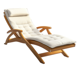 A wooden lounge chair with a white cushion