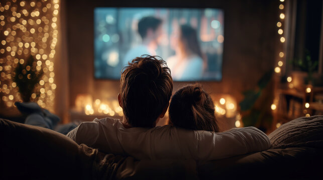 Couple Sitting Together in Front of TV Screen in the Evening