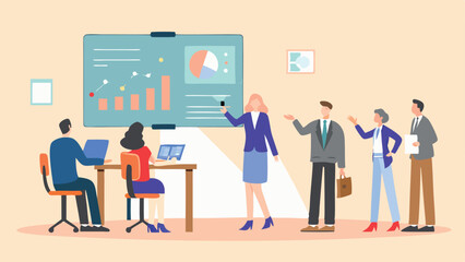 Business presentation with a woman presenting charts to a group of colleagues in an office setting