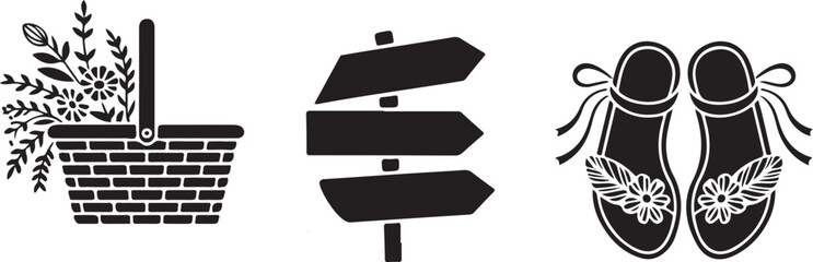 Black and White Picnic Basket Signpost and Sandals Vector Illustration