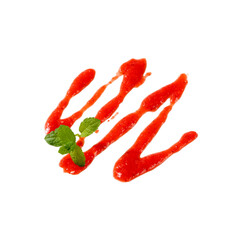 A zigzag pattern of red sauce garnished with fresh mint leaves on a white background