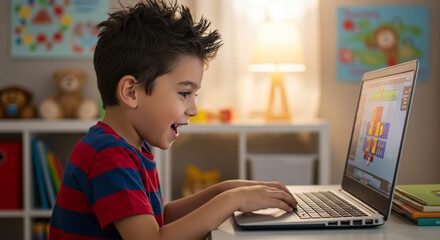 Young boy smiling while using laptop in colorful indoor setting  