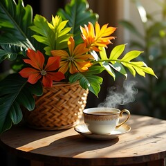 Cozy Morning Coffee with Tropical Decor