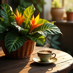 Cozy Morning Coffee with Tropical Decor