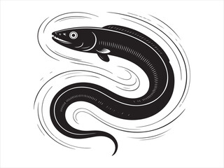 Stylized black silhouette of an eel swimming in swirling water
