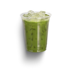 iced matcha in a transparent glass with ice cubes, isolated on white backgorund