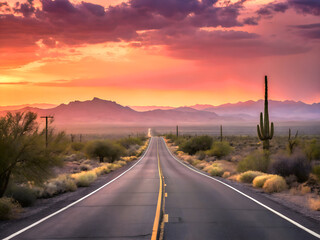 Desert Road Bathed in Golden Sunset Light