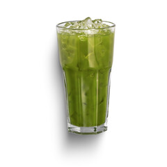 iced matcha in a tall glass isolated on white background, clear and refreshing summer drinks