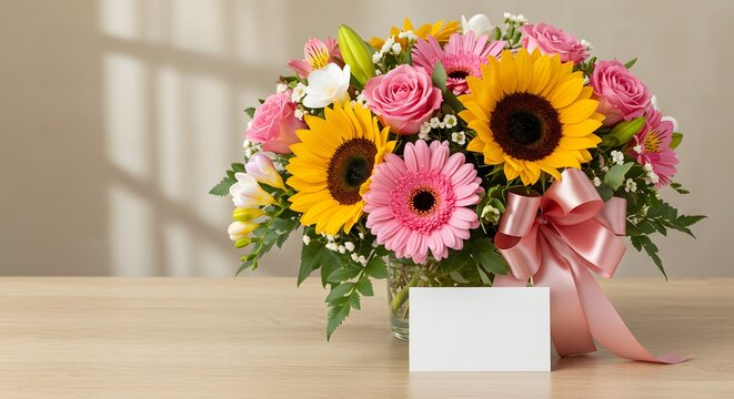Floral arrangement featuring bright sunflowers and pink roses graces a table with a blank card, ready for a heartfelt message, suitable for celebrations or expressions of love.
