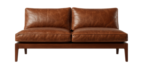 Low sofa with a distressed leather surface for a vintage-themed home bar area.