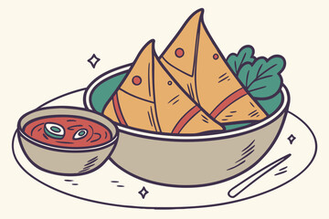 Illustration of samosas served in a bowl with chutney on a plate with a fork and sparkles