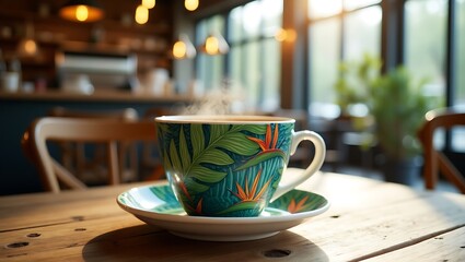 Steaming Coffee Cup with Tropical Design in a Cozy Cafe