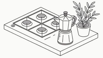 Isometric view of moka pot on stove top with plant in pot next to it in a kitchen setting