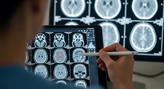 Doctor analyzing brain scans using digital tablet and computer