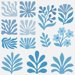 Collection of stylized blue floral and leaf elements with botanical decorative shapes in flat design. Concept of surface pattern design, digital decoration, fabric print, web and app graphics, visual