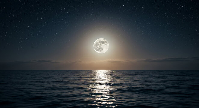 A bright full moon shines over a calm ocean reflecting light under a star filled night sky view 100 - Powered by Adobe