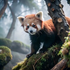 A red panda climbs on a mossy tree branch