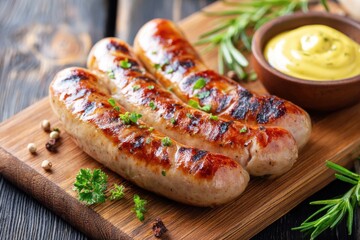 Grilled sausages served on a wooden board with fresh herbs and mustard, showcasing a delicious culinary experience perfect for festive gatherings and celebrations