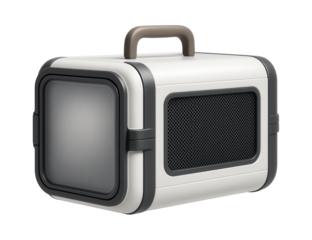 Stackable plastic carrier with reinforced edges, useful for efficiently storing and transporting small pets in a confined apartment space.