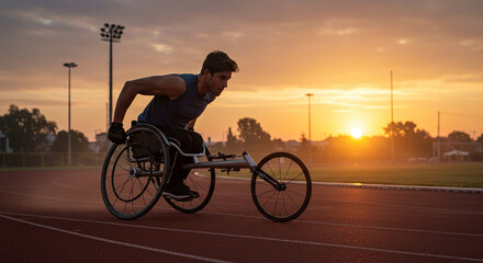 Fototapeta premium Young man racing in wheelchair on outdoor track during sunset 