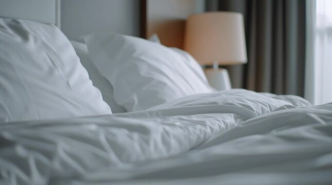 Serene Bed Chamber: A pristine white bed, artfully arranged with soft pillows and a cozy duvet, creates a tranquil atmosphere within a bright, inviting bedroom space.