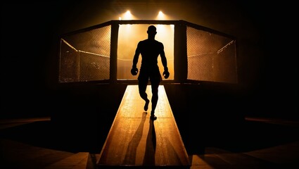 MMA fighter walking toward cage under dramatic lights