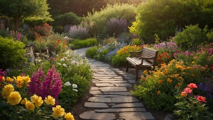 Obraz premium Serene garden path with wooden bench nestled amongst vibrant blooming flowers.
