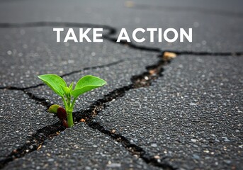 Take Action: Resilient Green Sprout Breaking Through Cracked Asphalt with Bold Text Overlay, Symbolizing Initiative, Growth, Overcoming Obstacles, and Environmental Progress.