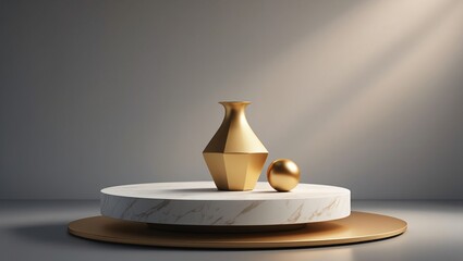 Elegant gold vase and sphere displayed on a modern marble and gold pedestal with soft lighting