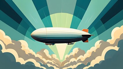 Fototapeta premium Vintage zeppelin airship flying in the sky with clouds illustration stock image art