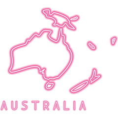 Australia Map Neon Silhouette. Glowing Art Illustration of Geographical Shape. Geography and Cartography. Led Lamp Continent Object with Text.