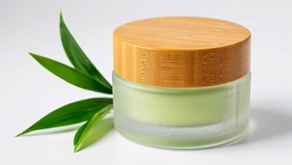 Natural skincare product in a frosted glass jar with a bamboo lid and fresh green leaves on a white background