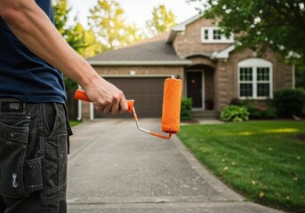 Painter holding an orange roller in front of a house ready to start painting the driveway surface