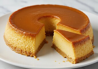 Delicious caramel custard dessert with a slice removed on a white plate ready to be served now