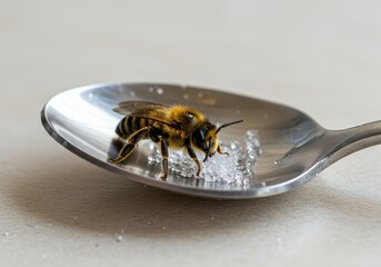 Close up of a bee on a spoon with sugar granules in a well lit environment showing its intricate details