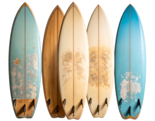  Flat Lay of Scuffed and Faded Surfboards in Assorted Shapes, Isolated PNG