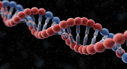Close up rendering of a dna double helix structure with red and blue spheres on a dark field