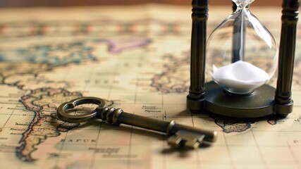 Hourglass and vintage key on old map show concept of travel time - Powered by Adobe