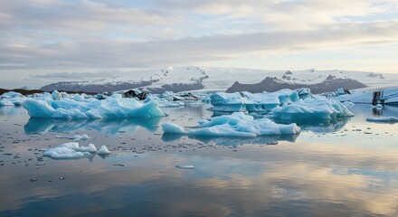 Icebergs floating in glacial lagoon with mountains and cloudy sky in the distance view of nature