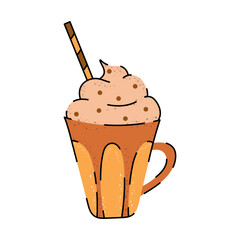 Autumn and winter hot chocolate. Stylized cup with hot chocolate