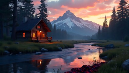 Cozy Cabin by a Mountain River at Sunset