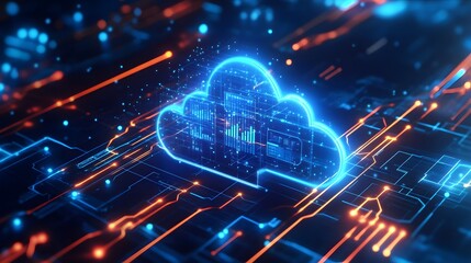 Fototapeta premium Cloud Computing: This image showcases a dynamic cloud formation seamlessly integrated within an intricate network of data pathways. This digital visualization speaks volumes of modern data storage. 