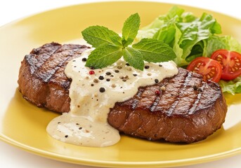 Grilled steak with creamy sauce and mint garnish on a yellow plate served with salad and tomatoes