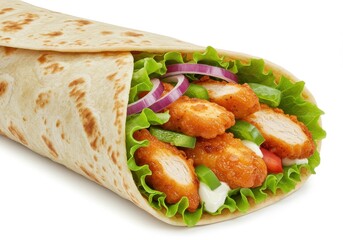 Close up of a wrap with fried chicken lettuce red onion and other fresh vegetables on a white surface