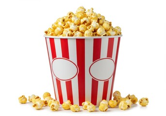 A bucket overflowing with popcorn and red and white stripes on a plain white surface showing food