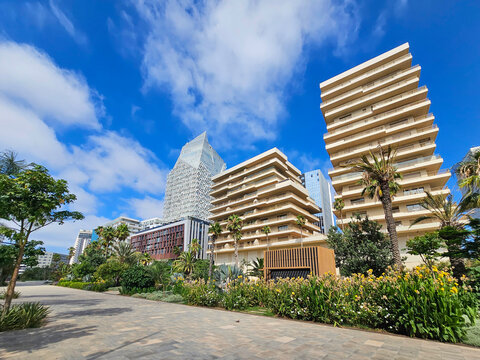 Casablanca, Morocco &ndash; July 7, 2025 &ndash; View of modern business buildings at Casablanca Finance City (CFC),  Anfa Park Tower or CFC tower , in the heart of the city&rsquo;s growing financial district.