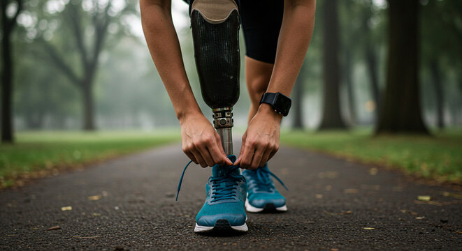 Man with prosthetic leg tying shoelaces while standing in park  