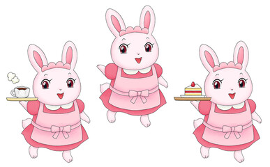 ウサギのカフェ店員のイラストセット